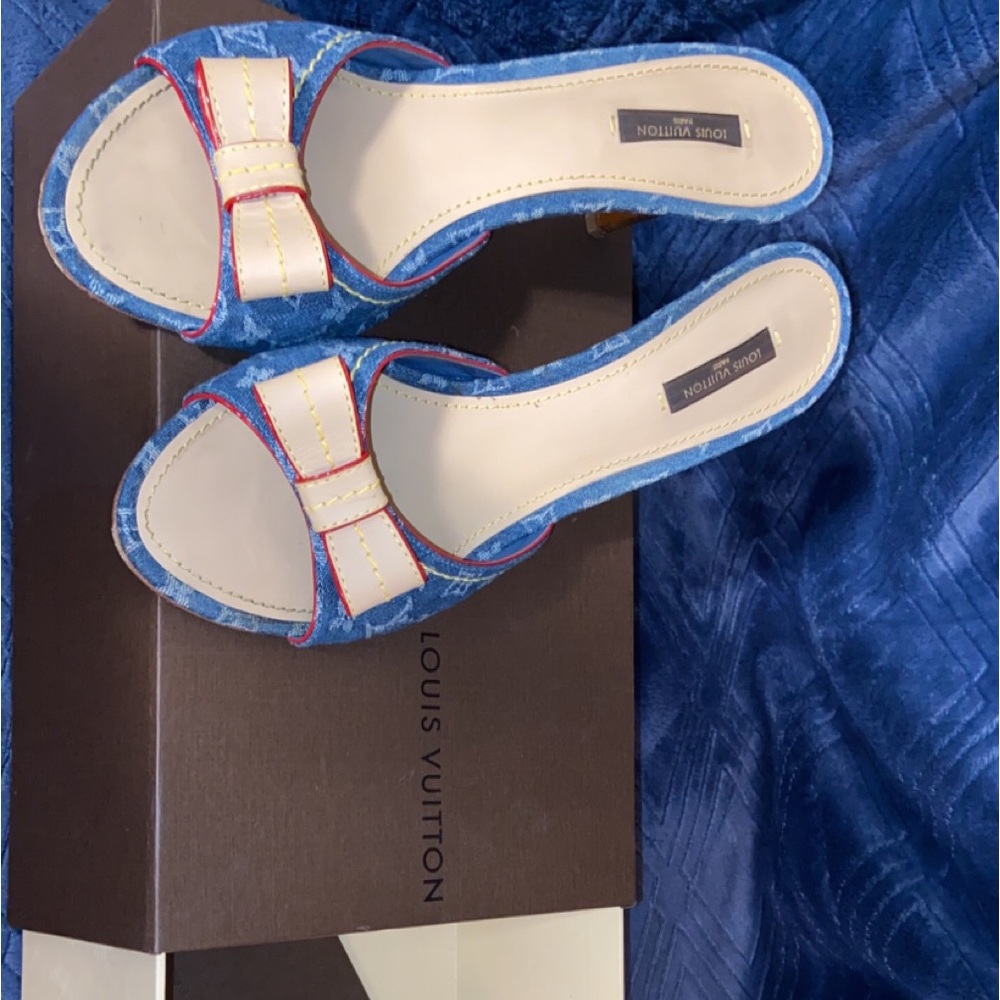Authentic LOUIS VUITTON Denim Monogram Canvas Bow Mules Peep Toe Heels Size 10